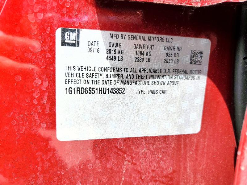 52028106 :رقم المزاد ، 1G1RD6S51HU143852 vin ، 2017 Chevrolet Volt مزاد بيع