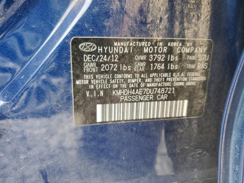 54707156 :رقم المزاد ، KMHDH4AE7DU748721 vin ، 2013 Hyundai Elantra مزاد بيع