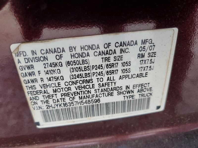52469406 :رقم المزاد ، 2HJYK16357H548596 vin ، 2007 Honda Ridgeline مزاد بيع