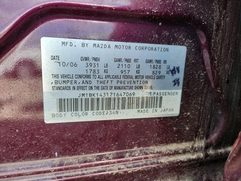 Продаж на аукціоні авто 2007 Mazda Mazda3, vin: JM1BK143171647069, номер лоту: 52907436