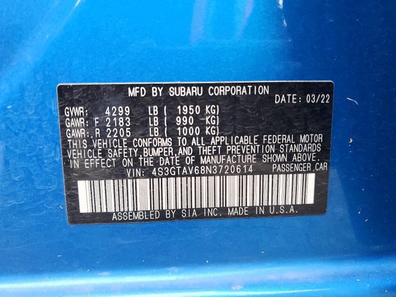 Auction sale of the 2022 Subaru Impreza, vin: 4S3GTAV68N3720614, lot number: 53719576