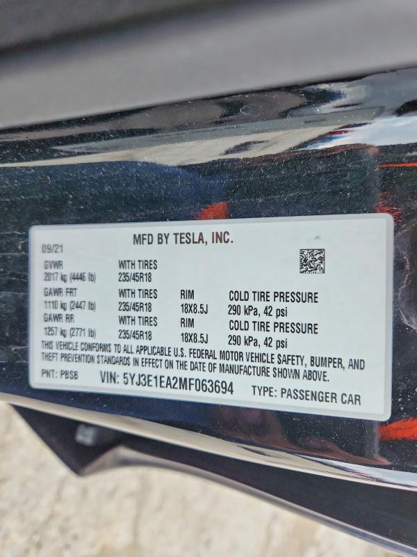 52053606 :رقم المزاد ، 5YJ3E1EA2MF063694 vin ، 2021 Tesla Model 3 مزاد بيع