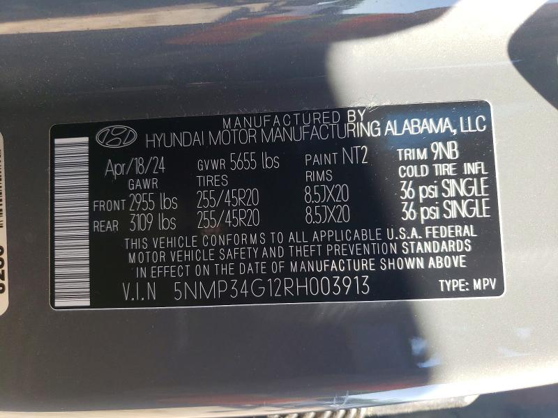 2024 Hyundai Santa Fe მანქანა იყიდება აუქციონზე, vin: 5NMP34G12RH003913, აუქციონის ნომერი: 54090286