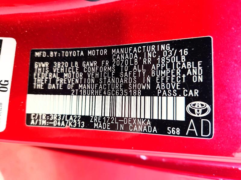 55153846 :رقم المزاد ، 2T1BURHE4GC635188 vin ، 2016 Toyota Corolla مزاد بيع
