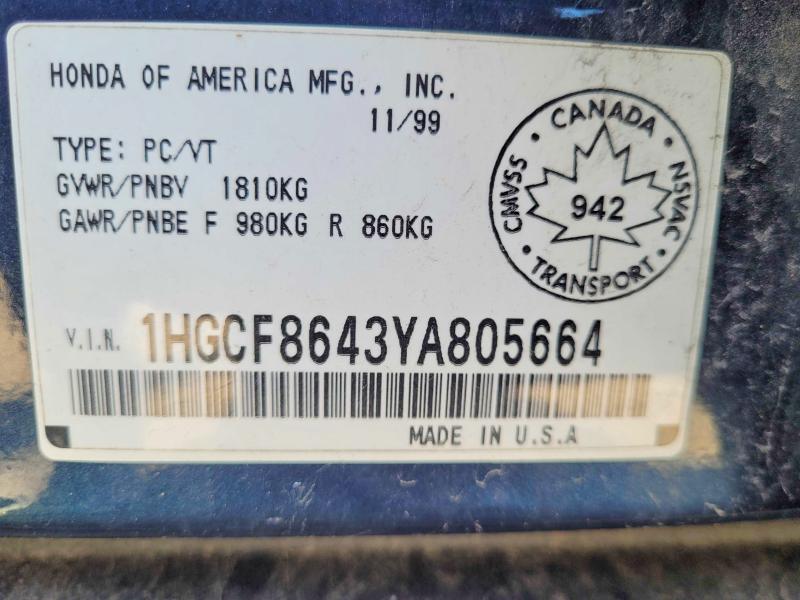 2000 Honda Accord მანქანა იყიდება აუქციონზე, vin: 1HGCF8643YA805664, აუქციონის ნომერი: 52606936