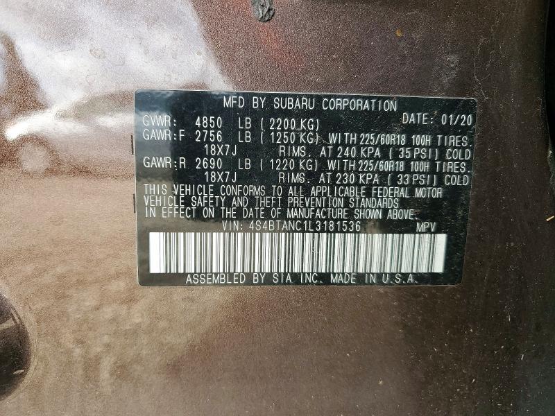 2020 Subaru Outback მანქანა იყიდება აუქციონზე, vin: 4S4BTANC1L3181536, აუქციონის ნომერი: 53854056