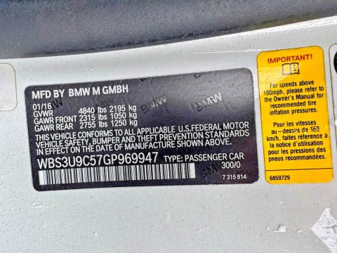 54099056 :رقم المزاد ، WBS3U9C57GP969947 vin ، 2016 Bmw M4 مزاد بيع