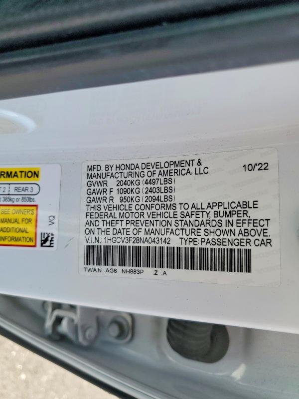 Продажа на аукционе авто 2022 Honda Accord, vin: 1HGCV3F28NA043142, номер лота: 53405926