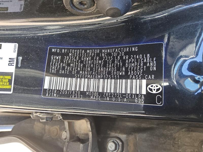 Продаж на аукціоні авто 2021 Toyota Corolla, vin: 5YFEPMAE6MP175111, номер лоту: 52991776