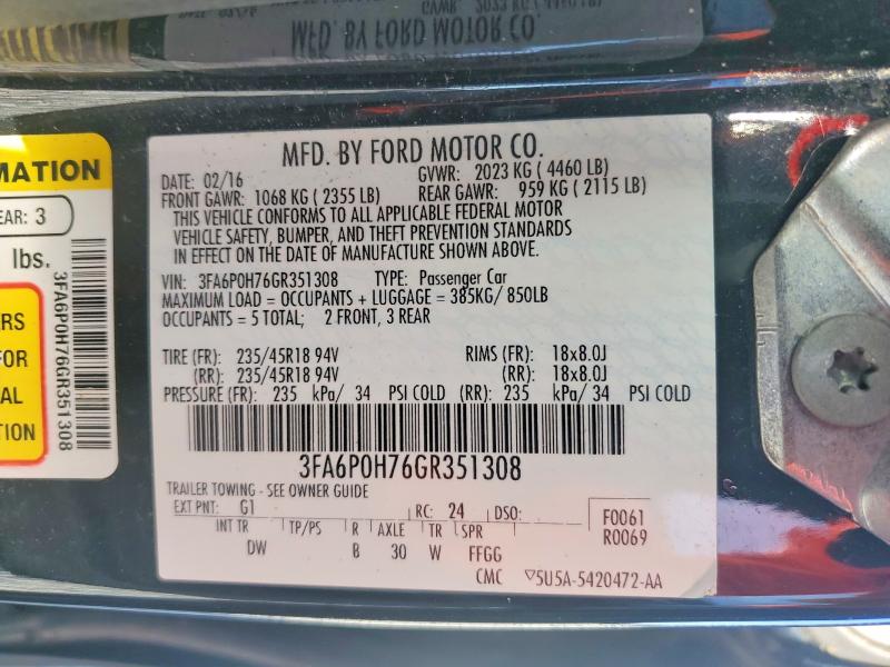 52131726 :رقم المزاد ، 3FA6P0H76GR351308 vin ، 2016 Ford Fusion مزاد بيع