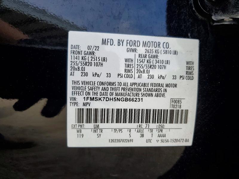 2022 Ford Explorer მანქანა იყიდება აუქციონზე, vin: 1FMSK7DH5NGB66231, აუქციონის ნომერი: 52038096