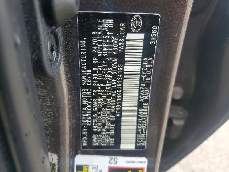 2018 Toyota Camry მანქანა იყიდება აუქციონზე, vin: 4T1B11HKXJU134165, აუქციონის ნომერი: 54841636