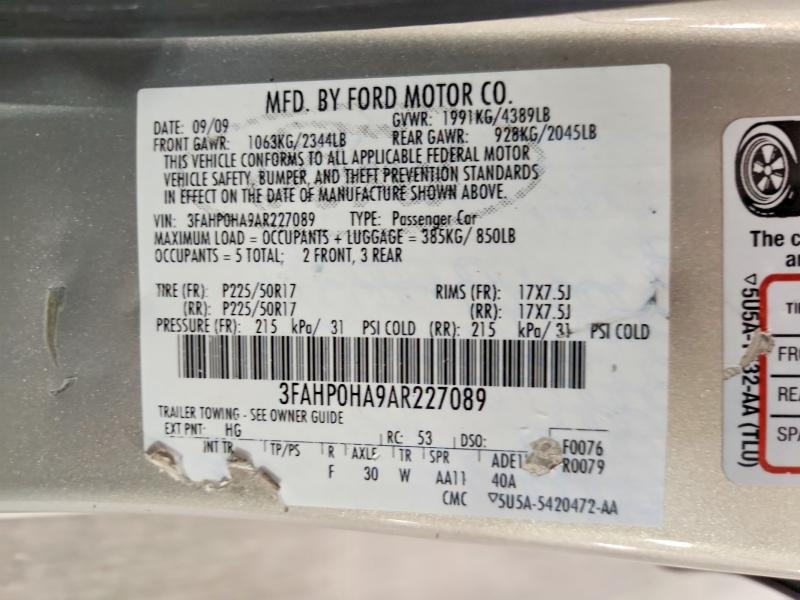 2010 Ford Fusion მანქანა იყიდება აუქციონზე, vin: 3FAHP0HA9AR227089, აუქციონის ნომერი: 54052666