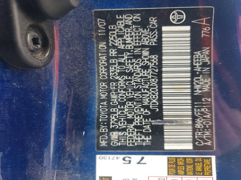 Aukcja sprzedaży 2008 Toyota Prius, vin: JTDKB20UX87727568, numer aukcji: 54193716