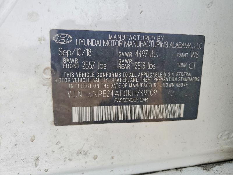 54372116 :رقم المزاد ، 5NPE24AF0KH739109 vin ، 2019 Hyundai Sonata مزاد بيع