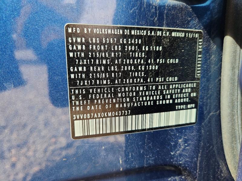 54916126 :رقم المزاد ، 3VV0B7AX0KM043737 vin ، 2019 Volkswagen Tiguan مزاد بيع