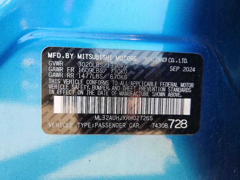 Aukcja sprzedaży 2024 Mitsubishi Mirage, vin: ML32AUHJXRH027265, numer aukcji: 52401566