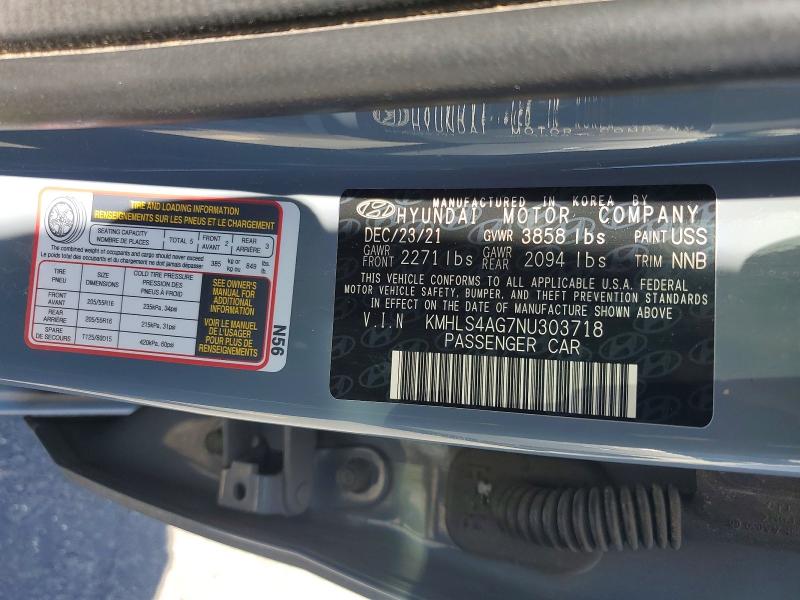 2022 Hyundai Elantra მანქანა იყიდება აუქციონზე, vin: KMHLS4AG7NU303718, აუქციონის ნომერი: 53633666