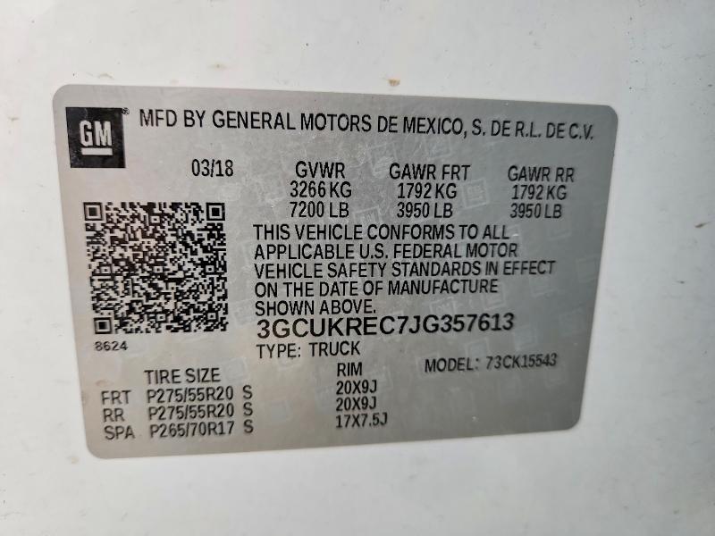 Aukcja sprzedaży 2018 Chevrolet Silverado, vin: 3GCUKREC7JG357613, numer aukcji: 53882976