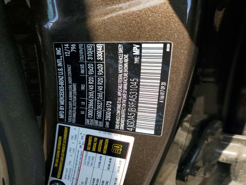 54081316 :رقم المزاد ، 4JGDA5JB9FA531045 vin ، 2015 Mercedes-benz Ml مزاد بيع