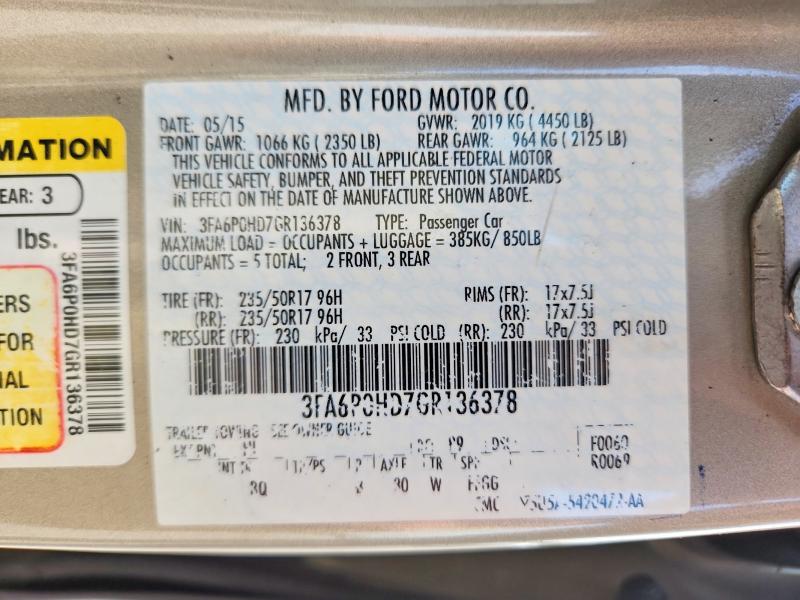Aukcja sprzedaży 2016 Ford Fusion, vin: 3FA6P0HD7GR136378, numer aukcji: 53924776
