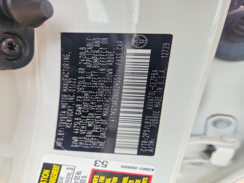 2022 Toyota Camry მანქანა იყიდება აუქციონზე, vin: 4T1K61AK0NU024551, აუქციონის ნომერი: 55029326