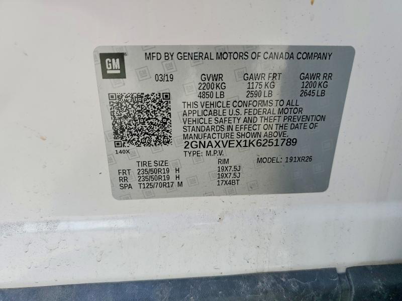 Продаж на аукціоні авто 2019 Chevrolet Equinox, vin: 2GNAXVEX1K6251789, номер лоту: 54789266