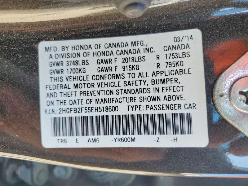Продаж на аукціоні авто 2014 Honda Civic, vin: 2HGFB2F55EH518600, номер лоту: 54214776