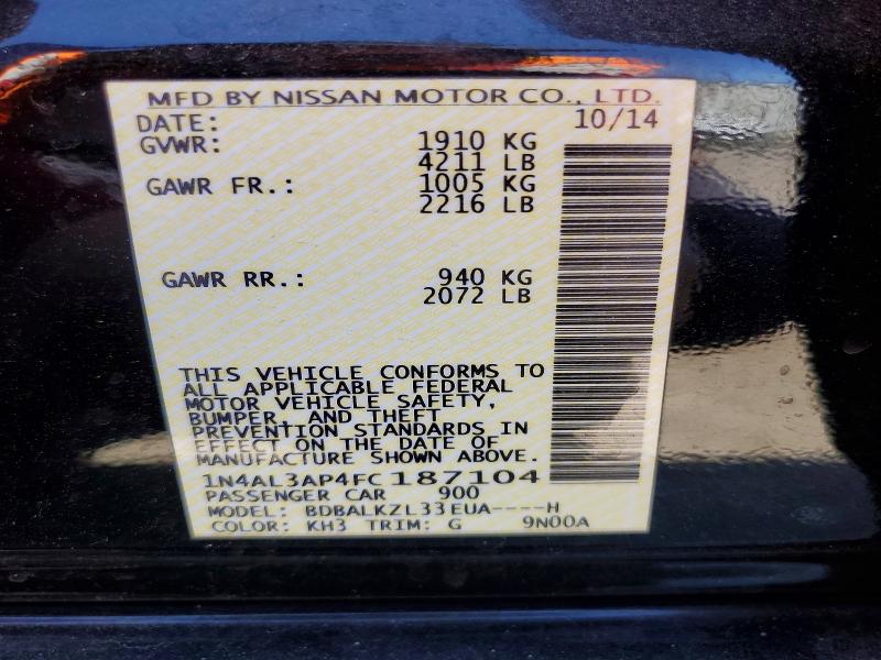 2015 Nissan Altima მანქანა იყიდება აუქციონზე, vin: 1N4AL3AP4FC187104, აუქციონის ნომერი: 52958666