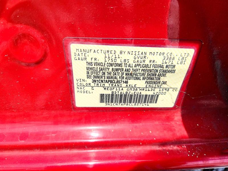 Продаж на аукціоні авто 2012 Nissan Versa, vin: 3N1CN7AP8CL857146, номер лоту: 51969126