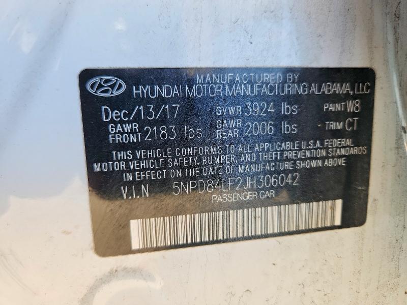 2018 Hyundai Elantra მანქანა იყიდება აუქციონზე, vin: 5NPD84LF2JH306042, აუქციონის ნომერი: 54763026