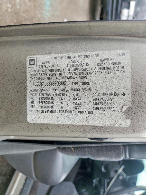 55451496 :رقم المزاد ، 1GCCS1958Y8305335 vin ، 2000 Chevrolet S Truck مزاد بيع