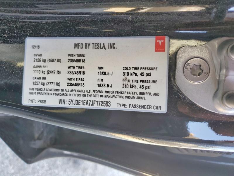 2018 Tesla Model 3 მანქანა იყიდება აუქციონზე, vin: 5YJ3E1EA7JF172583, აუქციონის ნომერი: 52498616