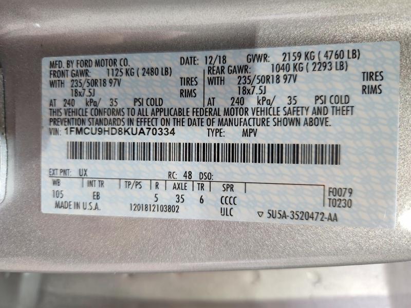 52357566 :رقم المزاد ، 1FMCU9HD8KUA70334 vin ، 2019 Ford Escape مزاد بيع