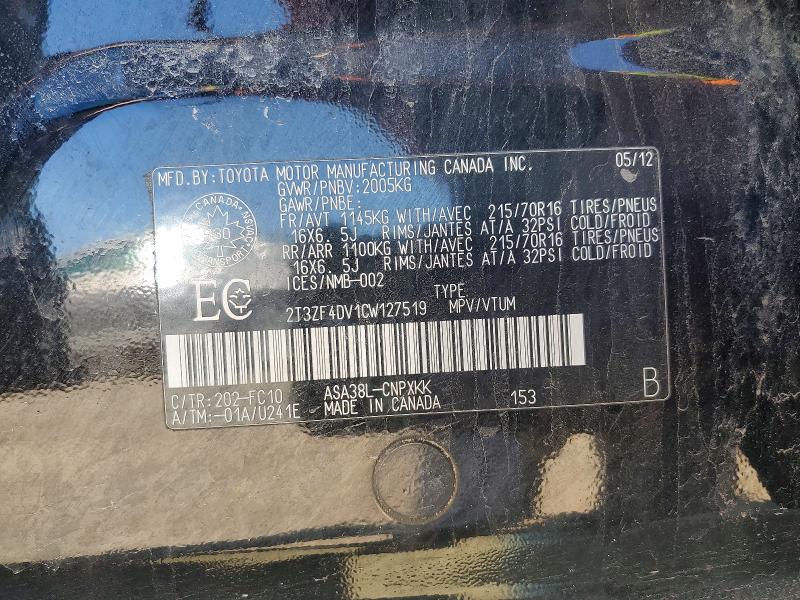 Aukcja sprzedaży 2012 Toyota Rav4, vin: 2T3ZF4DV1CW127519, numer aukcji: 52955616