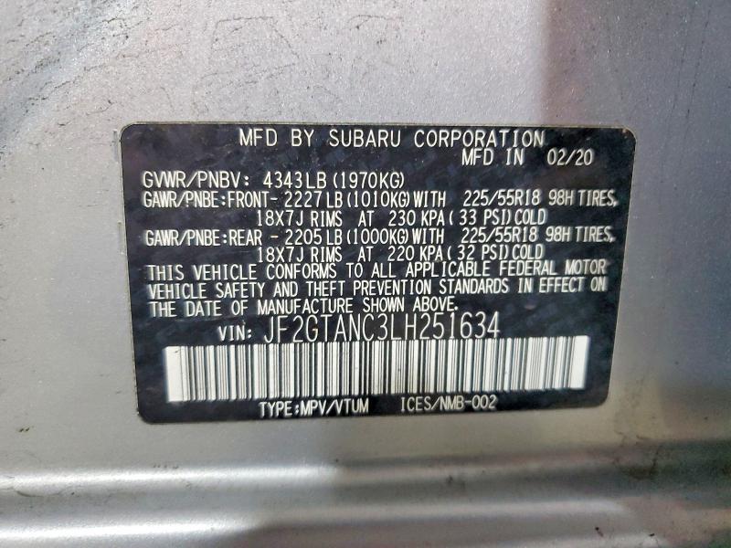 2020 Subaru Crosstrek მანქანა იყიდება აუქციონზე, vin: JF2GTANC3LH251634, აუქციონის ნომერი: 55312546