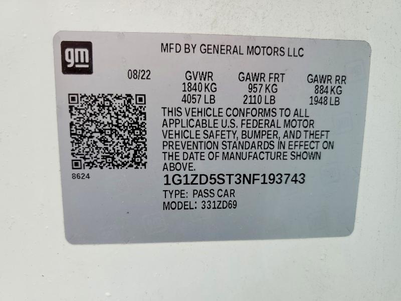 54129856 :رقم المزاد ، 1G1ZD5ST3NF193743 vin ، 2022 Chevrolet Malibu مزاد بيع