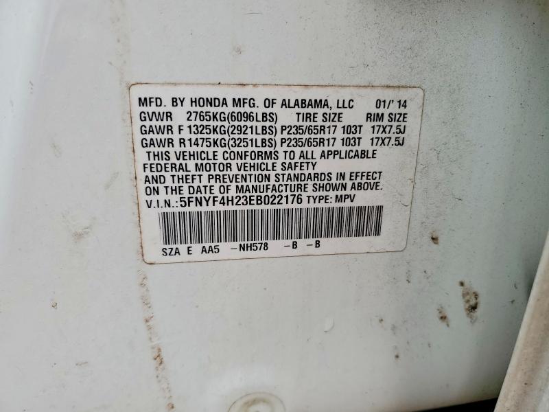 54473116 :رقم المزاد ، 5FNYF4H23EB022176 vin ، 2014 Honda Pilot مزاد بيع