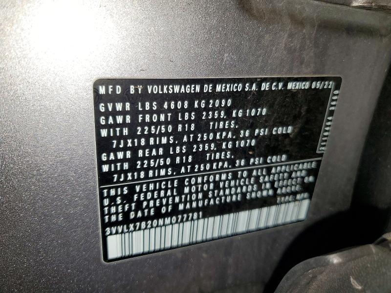 Aukcja sprzedaży 2022 Volkswagen Taos, vin: 3VVLX7B20NM077781, numer aukcji: 53999146