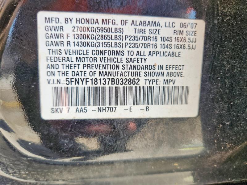 2007 Honda Pilot მანქანა იყიდება აუქციონზე, vin: 5FNYF18137B032862, აუქციონის ნომერი: 53912916
