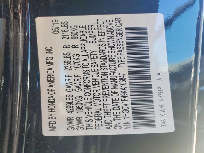 Продаж на аукціоні авто 2019 Honda Accord, vin: 1HGCV1F49KA106847, номер лоту: 53362886