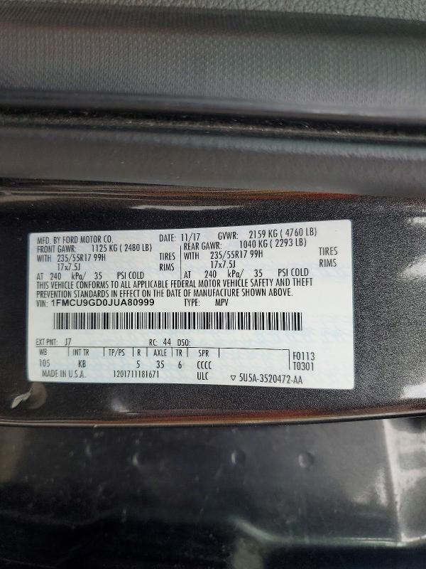 Aukcja sprzedaży 2018 Ford Escape, vin: 1FMCU9GD0JUA80999, numer aukcji: 54140676