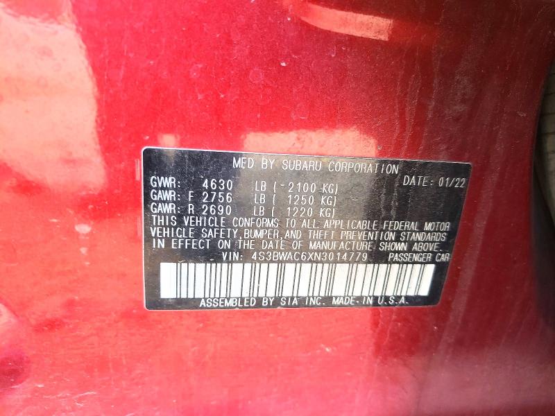 Продаж на аукціоні авто 2022 Subaru Legacy, vin: 4S3BWAC6XN3014779, номер лоту: 52987276
