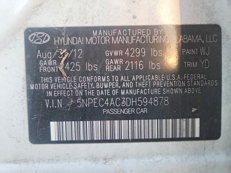 2013 Hyundai Sonata მანქანა იყიდება აუქციონზე, vin: 5NPEC4AC3DH594878, აუქციონის ნომერი: 53436996
