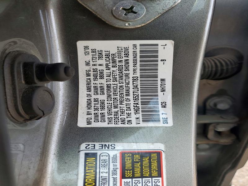 2007 Honda Civic მანქანა იყიდება აუქციონზე, vin: 1HGFA16527L047783, აუქციონის ნომერი: 54048836