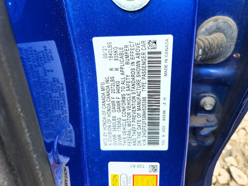 Продаж на аукціоні авто 2022 Honda Civic, vin: 2HGFE2F59NH535388, номер лоту: 53188286