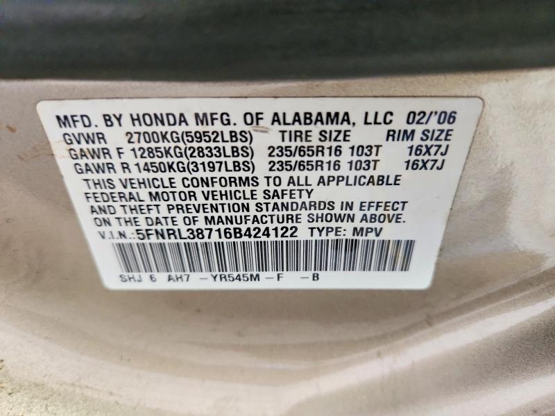 Aukcja sprzedaży 2006 Honda Odyssey, vin: 5FNRL38716B424122, numer aukcji: 53779666