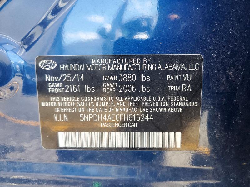 52001396 :رقم المزاد ، 5NPDH4AE6FH616244 vin ، 2015 Hyundai Elantra مزاد بيع