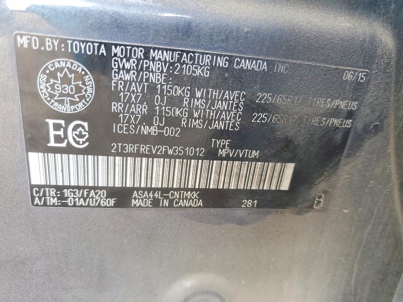 Продаж на аукціоні авто 2015 Toyota Rav4, vin: 2T3RFREV2FW351012, номер лоту: 53196726