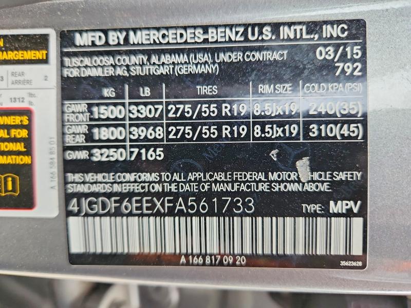 54987836 :رقم المزاد ، 4JGDF6EEXFA561733 vin ، 2015 Mercedes-benz Gl مزاد بيع